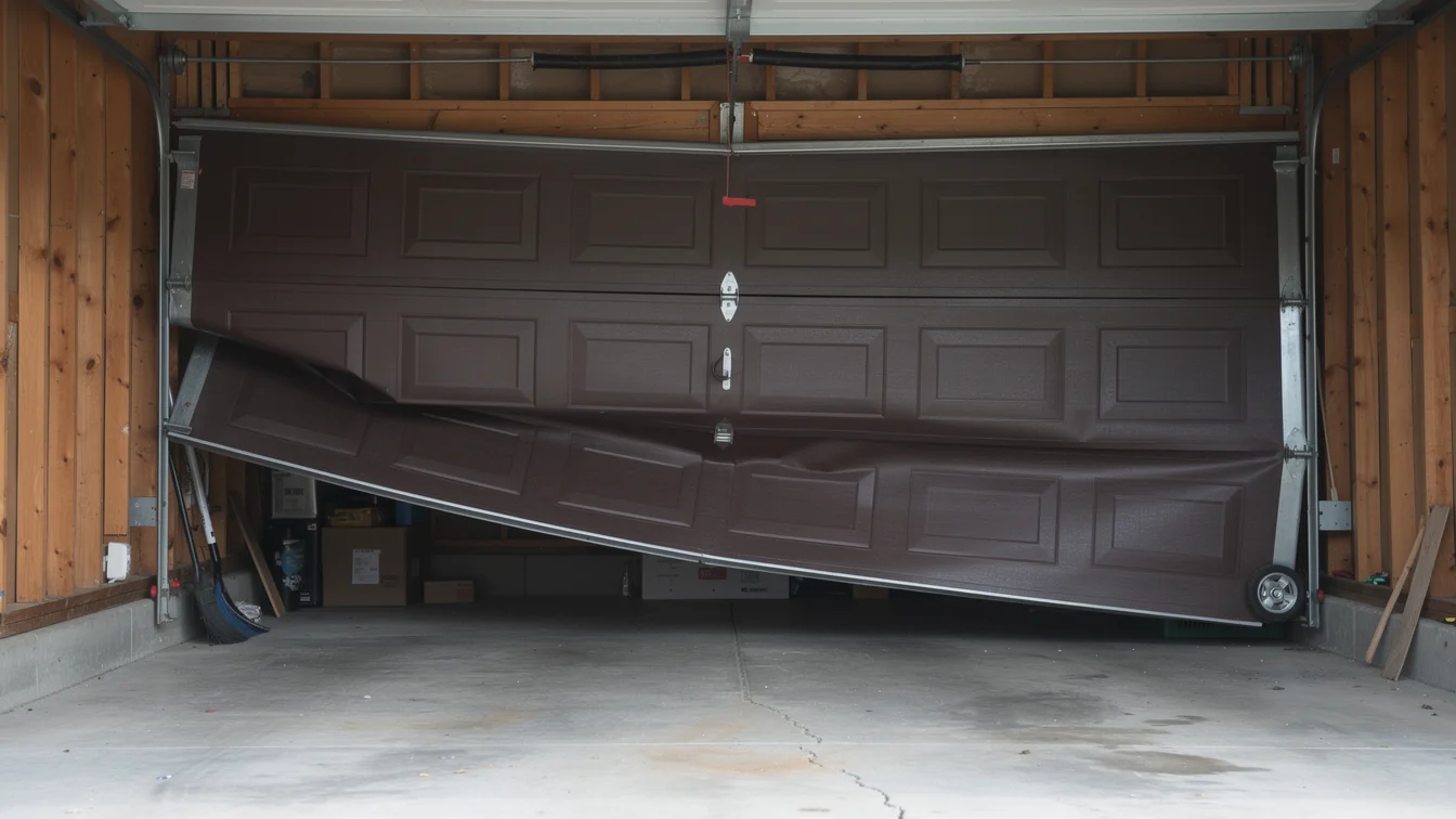 A brown garage door is bent and partially off its tracks.