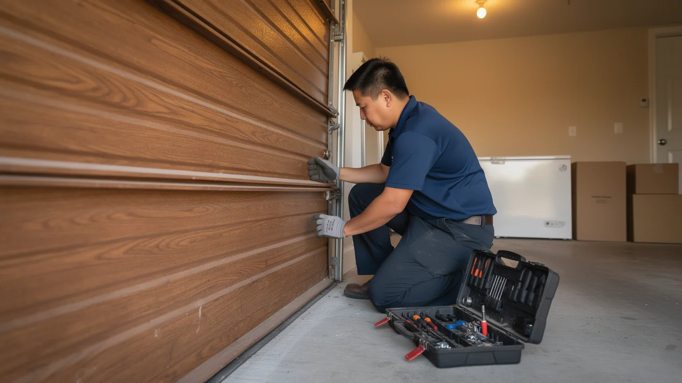 A technician kneels, adjusting a brown garage door with a toolbox nearby.