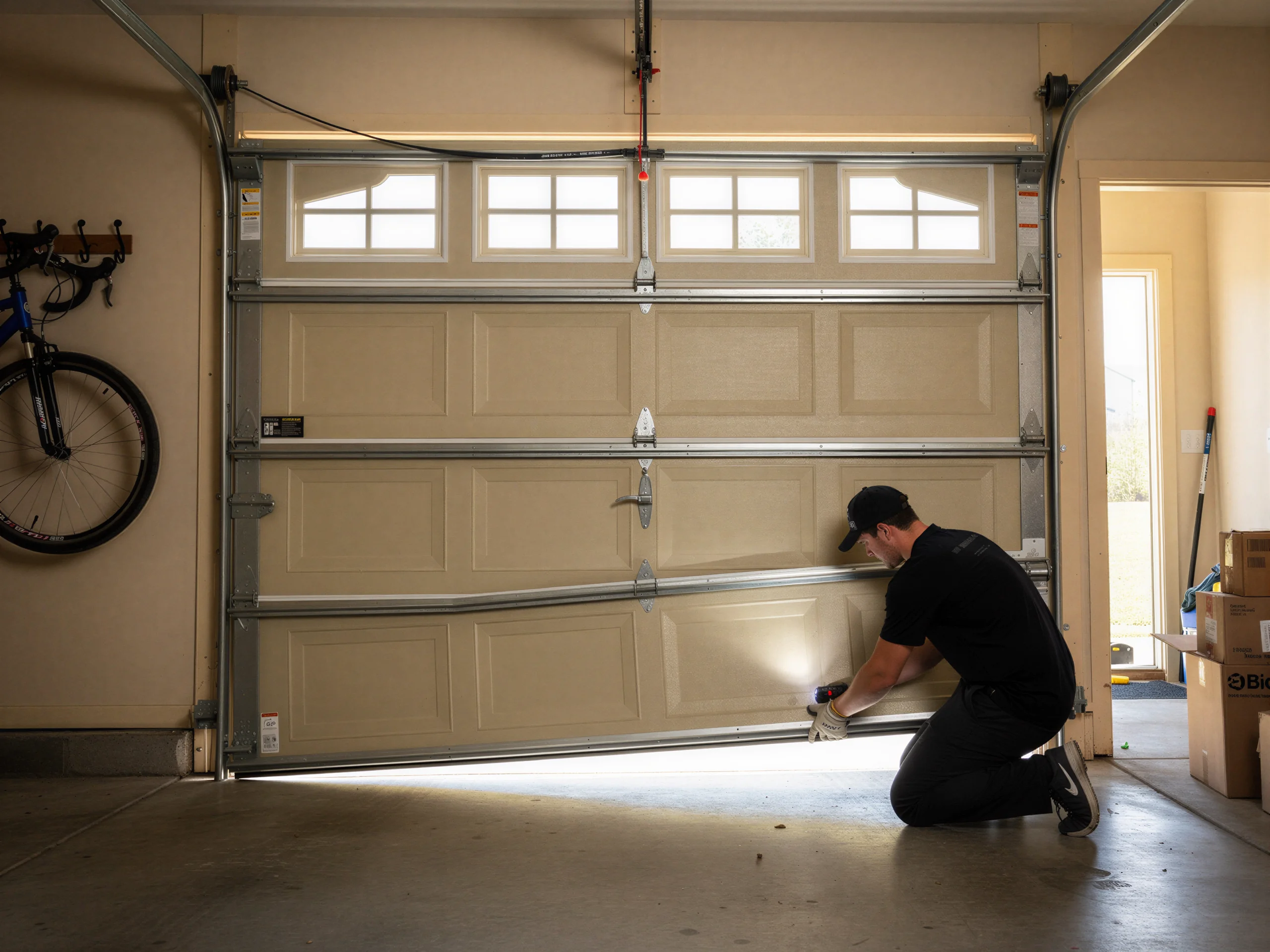 A technician kneels, inspecting a damaged beige garage door with a flashlight.