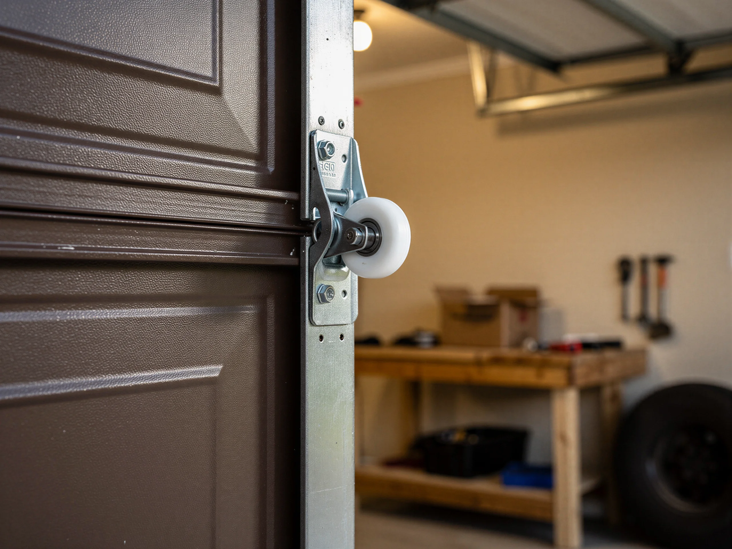 A white roller is attached to a brown garage door.