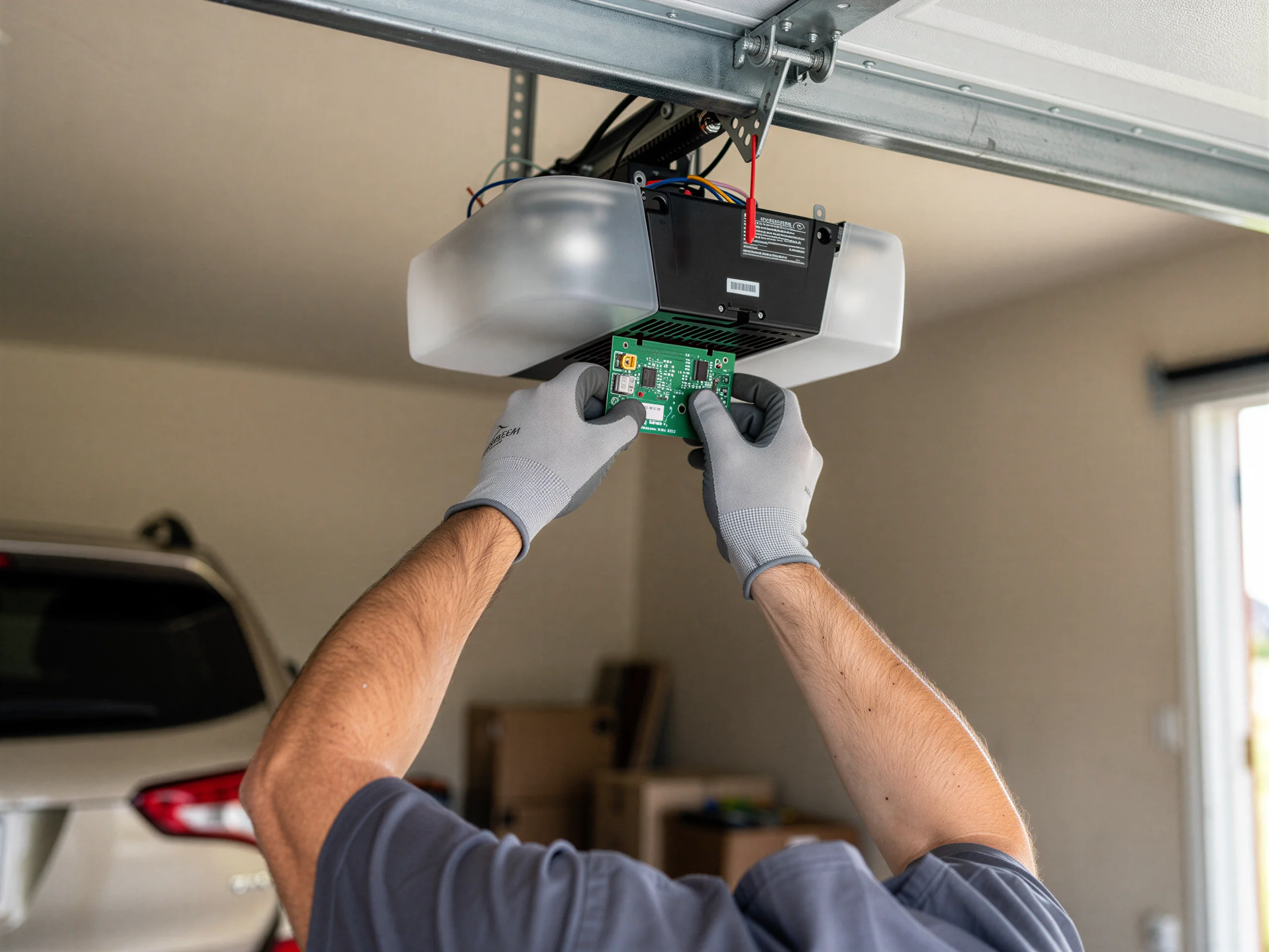 A technician installs a circuit board into a garage door opener.