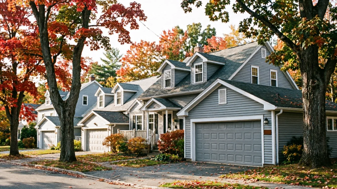 A row of gray houses with gray garage doors and colorful autumn trees.