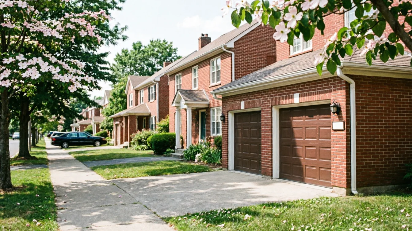 Two brown garage doors on a brick house with a sidewalk and trees.